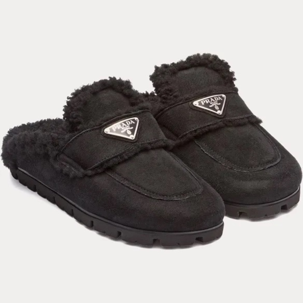 Prada Black Shearling Slippers Size 38